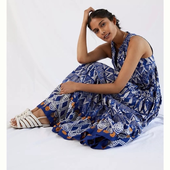 Anthropologie blue abstract tiered maxi dress size XS/S - Picture 2 of 12
